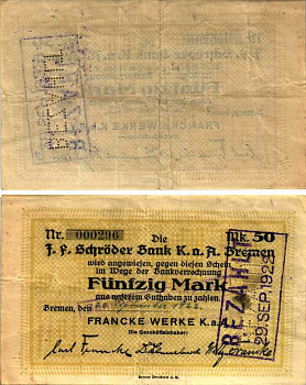 БРЕМЕН 50 МАРОК 1922 НОТГЕЛЬД, 22 СЕНТЯБРЯ 1922, FRANKE WERKE K. a. A., ПЕРФОРАЦИЯ ОПЛАЧЕН 29 СЕНТЯБРЯ 1922, СВОБОДНЫЙ ГОРОД Muller 540.1a бумага 6318-34-1-1