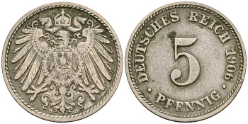 Германия 5 пфеннигов 1906 D KM 11 медно-никель 4169-435