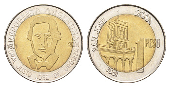 Аргентина 1 песо 2001 200 лет со дня рождения Хусто Хосе де Уркиза KM 132 биметалл UNC 4662-656