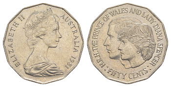 Австралия 50 центов 1981 Свадьба Принца Чарльза и Леди Дианы KM 72 медно-никель UNC 81-1115