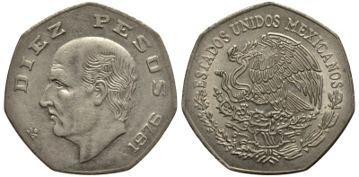 МЕКСИКА 10 ПЕСО 1976 МАНУЭЛЬ ХИДАЛЬГО КАСТИЛЬЯ KM 477.1 медно-никель VF 215-944