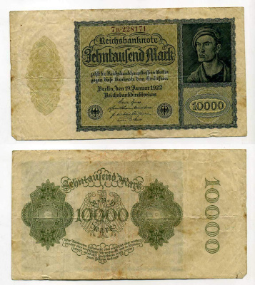 ГЕРМАНИЯ 10000 МАРОК 1922 19 ЯНВАРЯ 1922, АЛЬБРЕХТ ДЮРЕР, РАЗМЕРЫ 180 Х 100 ММ. Pick 72 бумага 8610-17-1-2