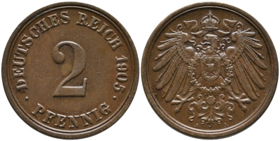 ГЕРМАНИЯ 2 ПФЕННИГА 1905 А KM 16, J. 11 медь 4110-1749