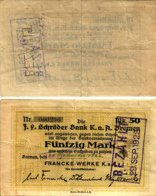 БРЕМЕН 50 МАРОК 1922 НОТГЕЛЬД, 22 СЕНТЯБРЯ 1922, FRANKE WERKE K. a. A., ПЕРФОРАЦИЯ ОПЛАЧЕН 29 СЕНТЯБРЯ 1922, СВОБОДНЫЙ ГОРОД Muller 540.1a бумага 6318-34-1-1