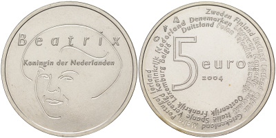 Нидерланды 5 евро 2004 королева Нидерландов Беатрикс, вступление в ЕЭС KM 252 серебро UNC 02-230-45