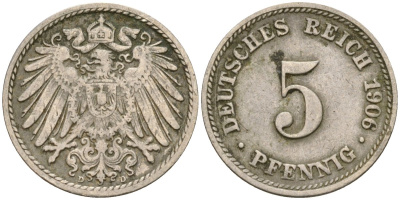 Германия 5 пфеннигов 1906 D KM 11 медно-никель 4169-435