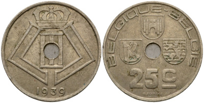 Бельгия 25 сантимов 1939 Belgique - Belgie KM 114 никель латунь 33-1147