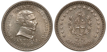 Уругвай 25 сентесимо 1960 KM 40 медно-никель 4169-1021