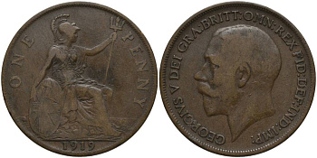 Великобритания 1 пенни 1919 Георг V (1910-1936) KM 810, Spink 4051 бронза 69-821