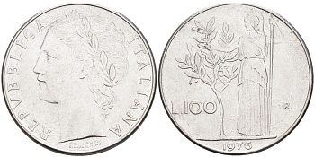 Италия 100 лир 1976 R, Афина в доспехах KM 96.1 нержавеющая сталь 4538-633