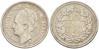 Нидерланды 10 центов 1928 Вильгельмина I (1890-1948) КМ 163 серебро  4160-1222