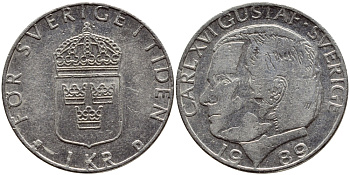 Швеция 1 крона 1989 Карл XVI Густав (1973- ) KM 852a медно-никель 4397-1233