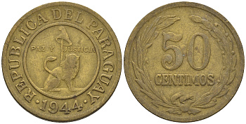 Парагвай 50 сентимо 1944 лев, фригийский колпак на шесте KM 24 алюминиевая бронза    4177-944