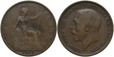 Великобритания 1 пенни 1919 Георг V (1910-1936) KM 810, Spink 4051 бронза 69-821