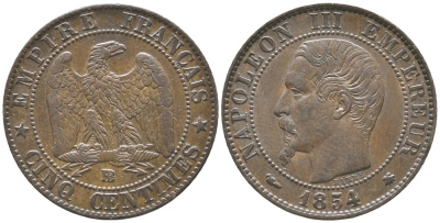 Франция 5 сантимов 1854 BB, Наполеон III (1852-1870) KM 777.3, Le Franc 116.10 бронза 34-426
