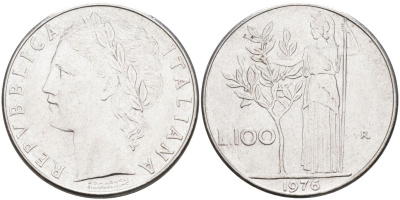 Италия 100 лир 1976 R, Афина в доспехах KM 96.1 нержавеющая сталь 4538-633
