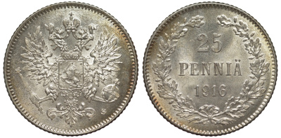 Россия для Финляндии 25 пенни 1916 S, Николай II (1894-1917) KM 6.2, Биткин 421 серебро 75-1269