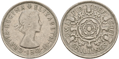 Великобритания 2 шиллинга (флорин) 1965 Елизавета II (1952-2022) KM 906, Spink 4146 медно-никель    4601-837