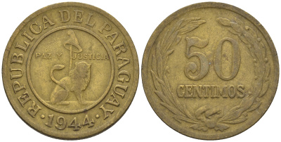 Парагвай 50 сентимо 1944 лев, фригийский колпак на шесте KM 24 алюминиевая бронза    4177-944