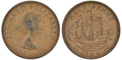 Великобритания 1/2 пенни 1964 Елизавета II (1952-2022) KM 896, Spink 4158 бронза 72-225