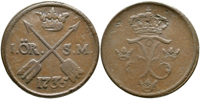 Швеция 1 эре 1735 S.M. Фредерик I (1720-1751) KM 416.1 медь 23-441