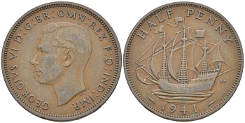 Великобритания 1/2 пенни 1941 Георг VI (1936-1952) KM 844, Spink 4115 бронза 4539-654