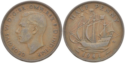 Великобритания 1/2 пенни 1941 Георг VI (1936-1952) KM 844, Spink 4115 бронза 4539-654