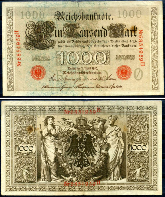 Германия 1000 марок 1910 21 апреля 1910, красная печать, номер семизначный, серия H, буква O, выпуск АПРЕЛЬ - ИЮЛЬ 1918 Pick 44 b бумага 8618-8-1-2