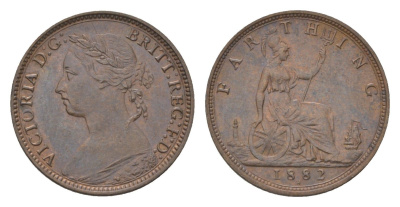 Великобритания 1 фартинг 1882 H, Виктория (1837-1901) KM 753, Spink 3959 медь 4627-629