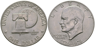 США 1 доллар 1976 200 лет независимости, Президент Эйзенхауэр, колокол, тип II KM 206 медь плакированная медно-никелем 74-433