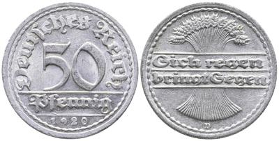 ГЕРМАНИЯ 50 ПФЕННИГОВ 1920 D KM 27, J. 301 алюминий 24-943