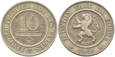 БЕЛЬГИЯ 10 САНТИМОВ 1861 BELGES KM 22 медно-никель 4448-814