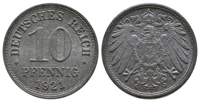 ГЕРМАНИЯ 10 ПФЕННИГОВ 1921 KM 26, J. 299 цинк 4380-235