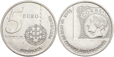 Португалия 5 евро 2003 150 летие первой Португальской марке KM 749 серебро UNC 69-315