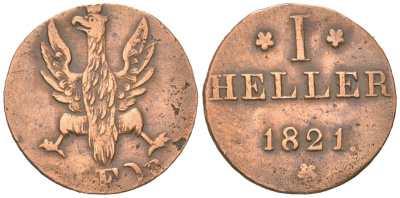 Франкфурт 1 геллер 1821 GB AKS 30, Jaeger 10, KM 301 медь 4615-268