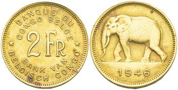 Бельгийское Конго 2 франка 1946 слон KM 28 латунь 4541-1013