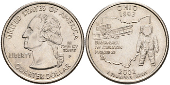 США 25 центов = квотер 2002 Р, серия штаты США, Огайо KM 332 медь плакированная медно-никелем UNC 85-1052