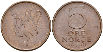 Норвегия 5 эре 1981 Улаф V (1958-1991) KM 415 бронза    4596-254