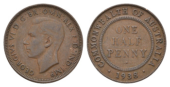 Австралия 1/2 пенни 1938 Георг VI (1936-1952), кенгуру KM 35 бронза 4671-426