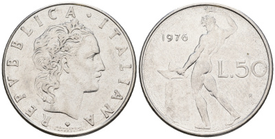 Италия 50 лир 1976 R, бог огня Вулкан у наковальни KM 95.1 нержавеющая сталь 259-133