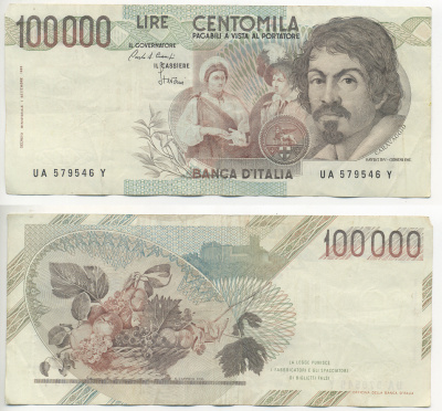 Италия 100000 лир 1983 Караваджо, фруктовый букет, подпись Speziali Pick 110b бумага 7220-29-3