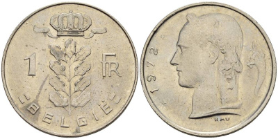 БЕЛЬГИЯ 1 ФРАНК 1972 BELGIE KM 143.1 медно-никель 4546-416