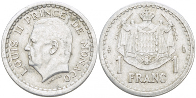 Монако 1 франк 1943 Луи II (1922-1949) KM 120 алюминий 4402-626
