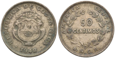 Коста-Рика 50 сентимо 1948 KM 176 медно-никель 4116-1017