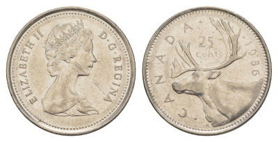 Канада 25 центов 1986 Елизавета II (1952-2022), олень KM 74 никель 4631-635