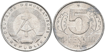 ГДР 5 пфеннигов 1968 А KM 9.1 алюминий 4564-1034