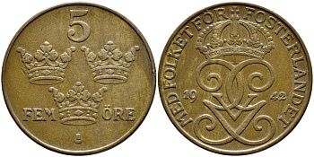 Швеция 5 эре 1942 Густав V (1907-1950) KM 779.2 бронза 4394-941