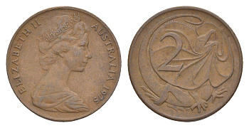 Австралия 2 цента 1975 Елизавета II (1952-2022), плащеносная ящерица KM 63 бронза 4655-1239