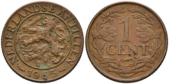 Нидерландские Антилы 1 цент 1965 Юлиана (1948-1980) KM 1 бронза 4564-528