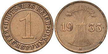 Германия 1 рейхспфенниг 1933 A KM 37, J. 313 бронза 4189-1224